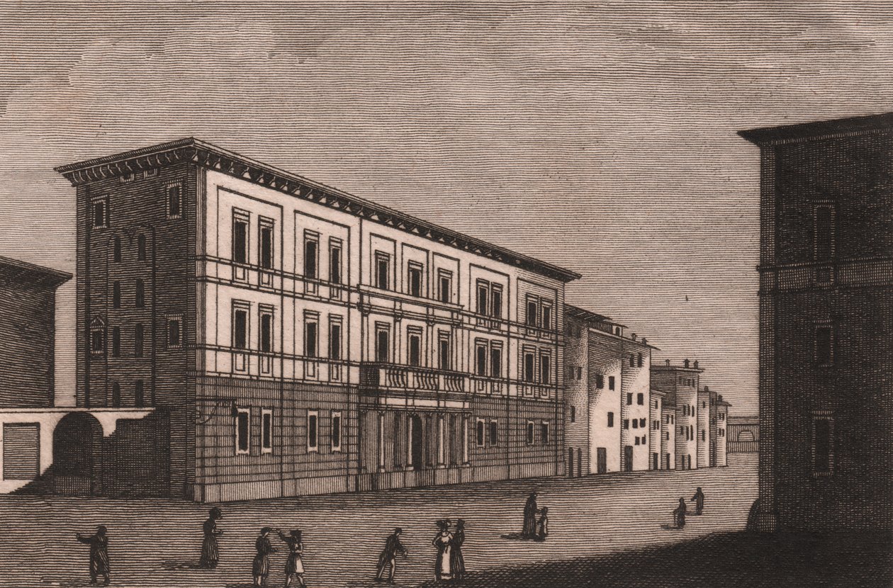Kilátás a Pistoia-i püspöki palotára, Toszkánában, Olaszországban, Antonio Morghen (1788-1853) rézmetszete, kb 13x9,5 cm alkotó: Antonio (1788 1853) Morghen