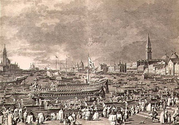 A dózse kiszállása a Bucintorón a tengeri házasságért, Giovanni Battista Brustolon (1712-96) metszet (metszet) alkotó: Antonio (after) Canaletto