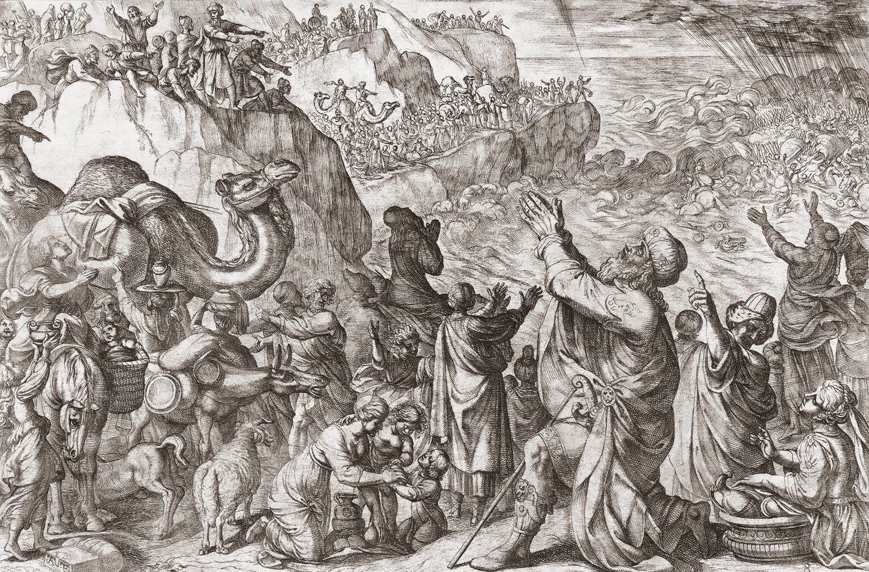 A Vörös-tenger vízbe fojtja a fáraó hadseregét alkotó: Antonio (after) Tempesta