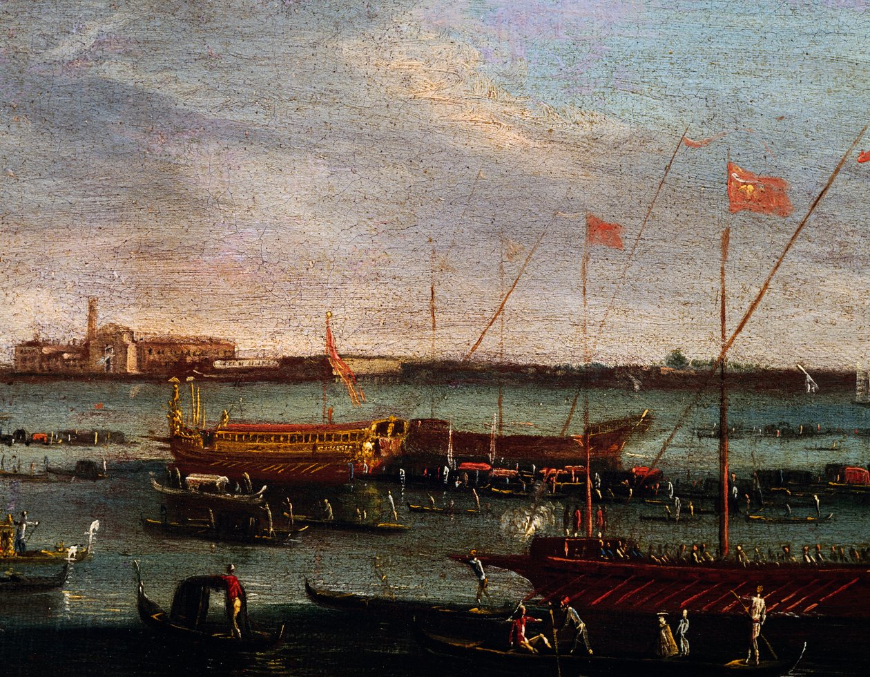 A Bucentaur (a velencei dogék állami gályája) a velencei Lidóban, olaj, vászon, Canaletto Iskola, Olaszország alkotó: Antonio (studio of) Canaletto