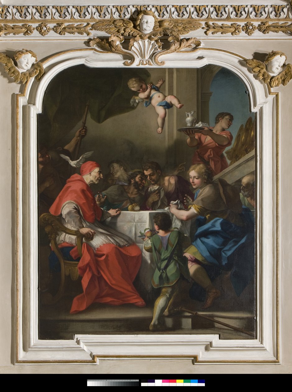 ""Nagy Szent Gergely egy asztalnál, Jézus álruhában pelerinben"" A pápa közelében a Szentlélek galambja (Szentlélek) 1729-1731 (festmény) alkotó: Antonio Balestra