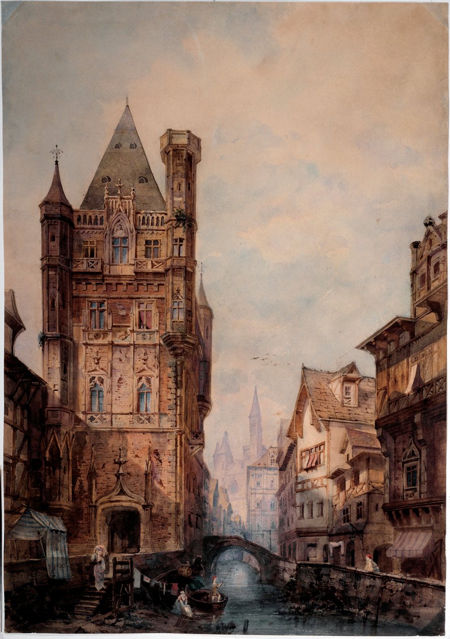 Kilátás a csatornára egy normann városban Akvarell – Antonio Bernasconi (19. század) Méret: 85x75 cm Genes, Galleria d
