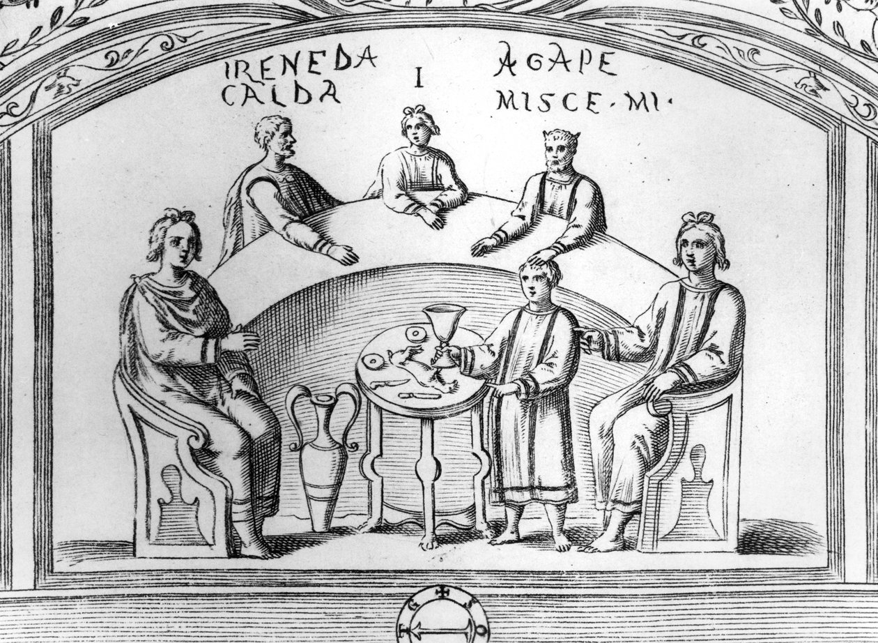 Bankettjelenet egy római katakombafreskóból, illusztráció Antonio Bossi "Roma Sotterranea" című, 1632-ben Rómában kiadott művéből (fametszet). alkotó: Antonio Bosio
