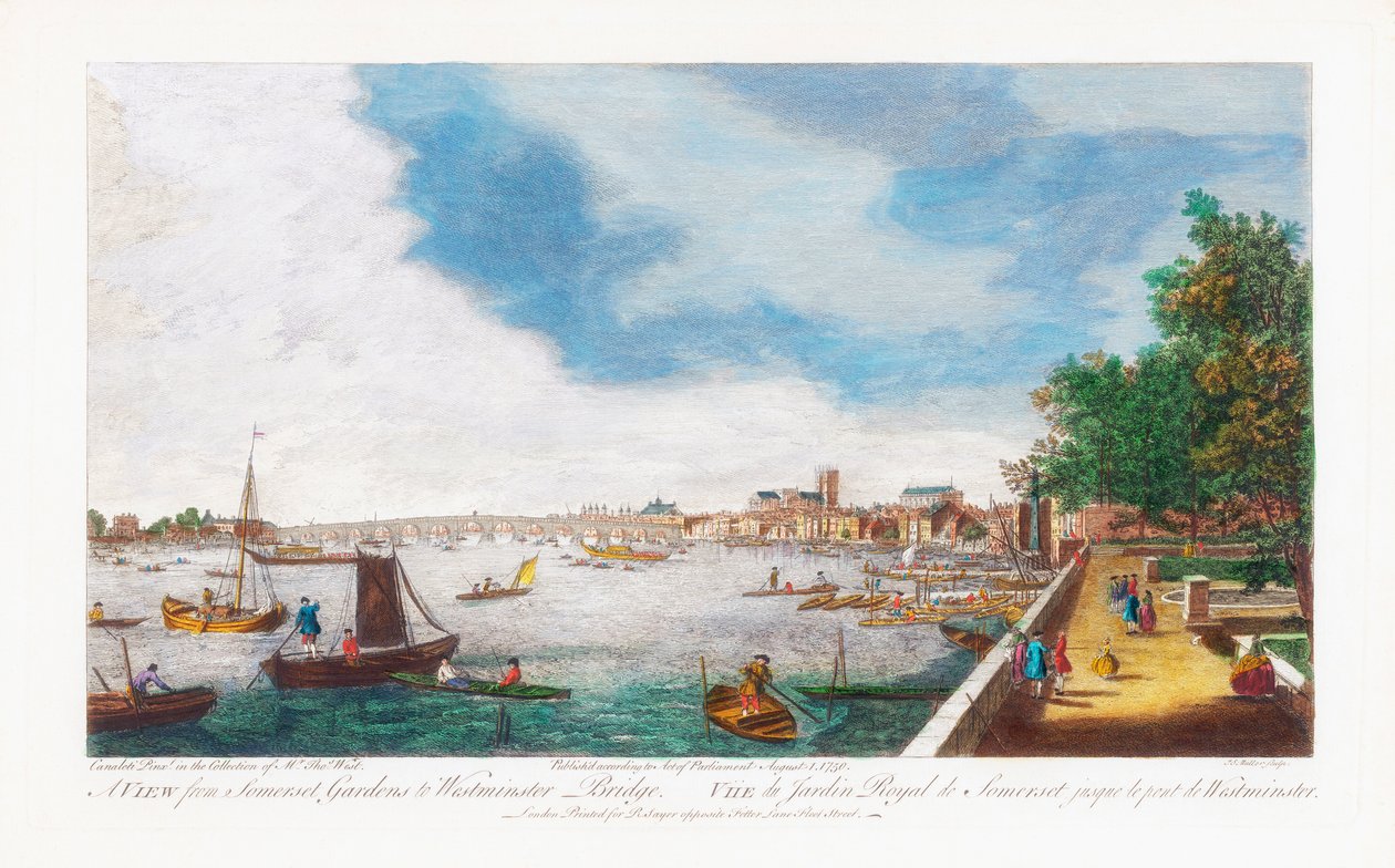 Kilátás a Somerset Gardensről a Westminster Bridge-re, John Miller metszet, 1750 alkotó: Giovanni Antonio Canal