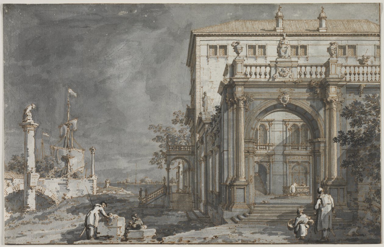 Capriccio: Palota udvarral a lagúna mellett, c. 1750-1755. alkotó: Giovanni Antonio Canal