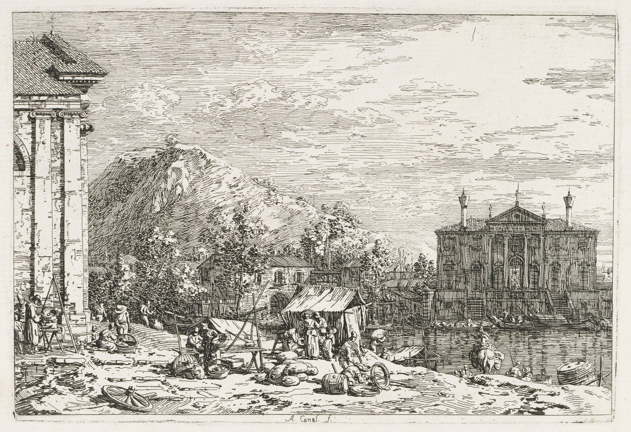 Kilátások: Város a folyón túl alkotó: Antonio Canaletto
