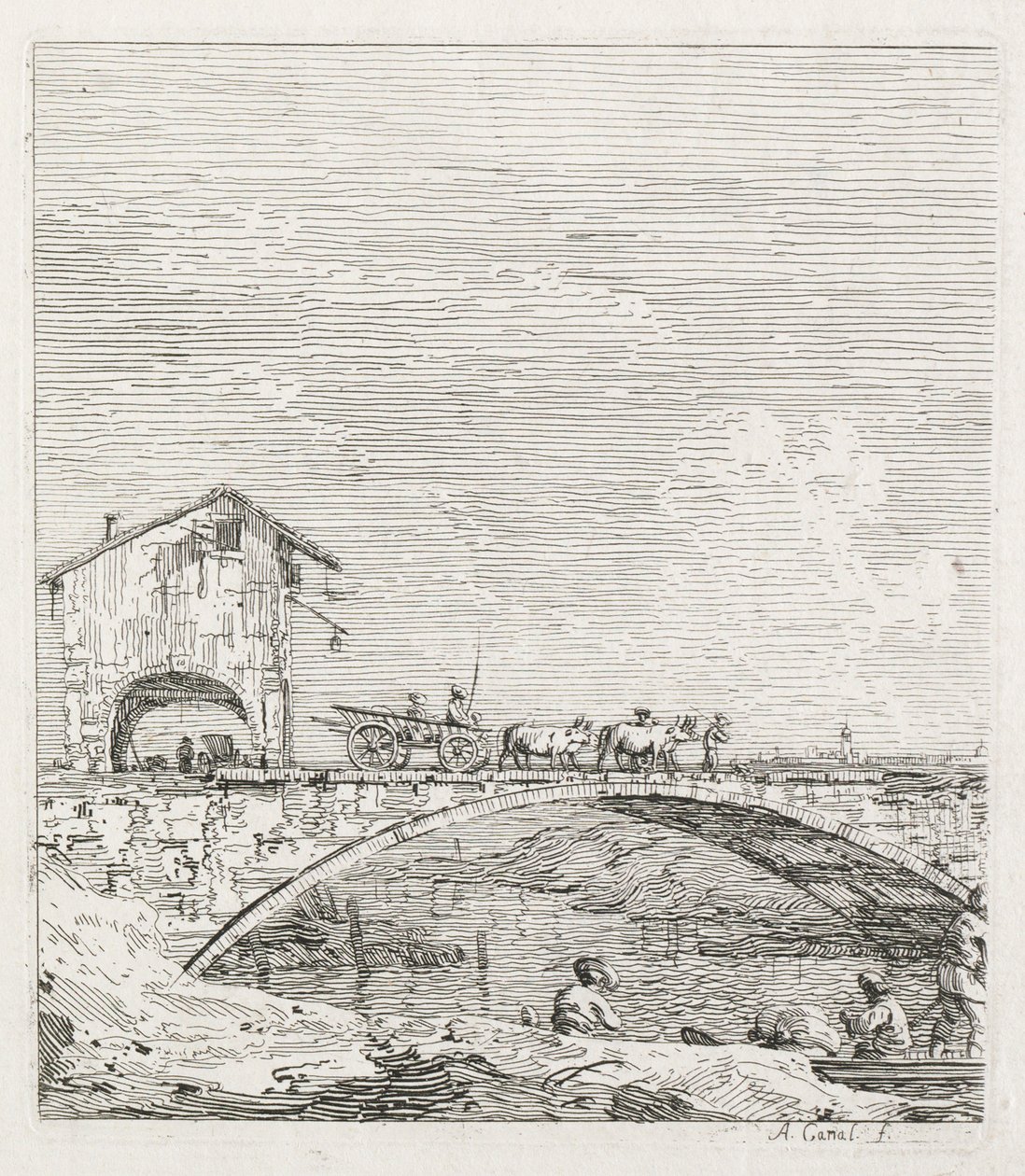 Kilátások: Egy kocsi áthalad a hídon alkotó: Antonio Canaletto