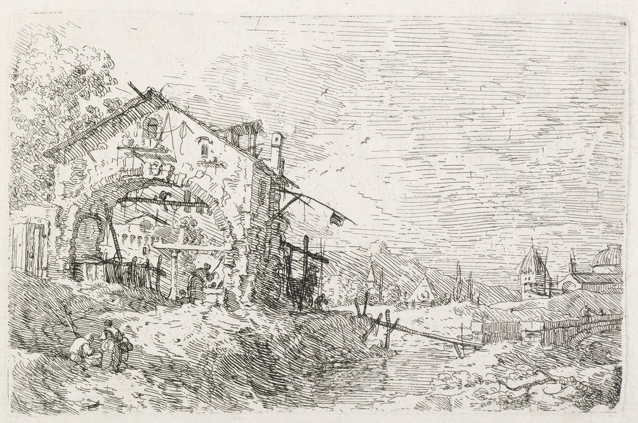 Nézetek: Egy nő vizet rajzol egy boltív alatt, 1735-1746. alkotó: Giovanni Antonio Canal