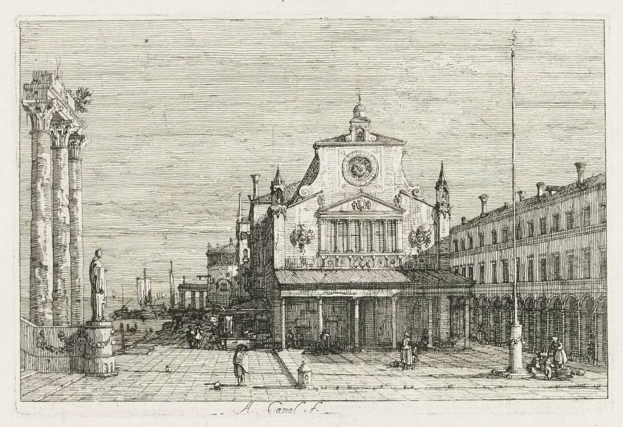 Kilátás: Három oszlop és egy szobor a tenger partján alkotó: Antonio Canaletto