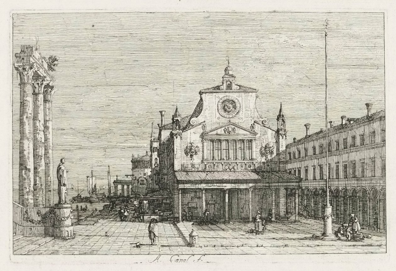 Nézetek: Három oszlop és egy szobor a tenger partján, 1735-1746. alkotó: Giovanni Antonio Canal