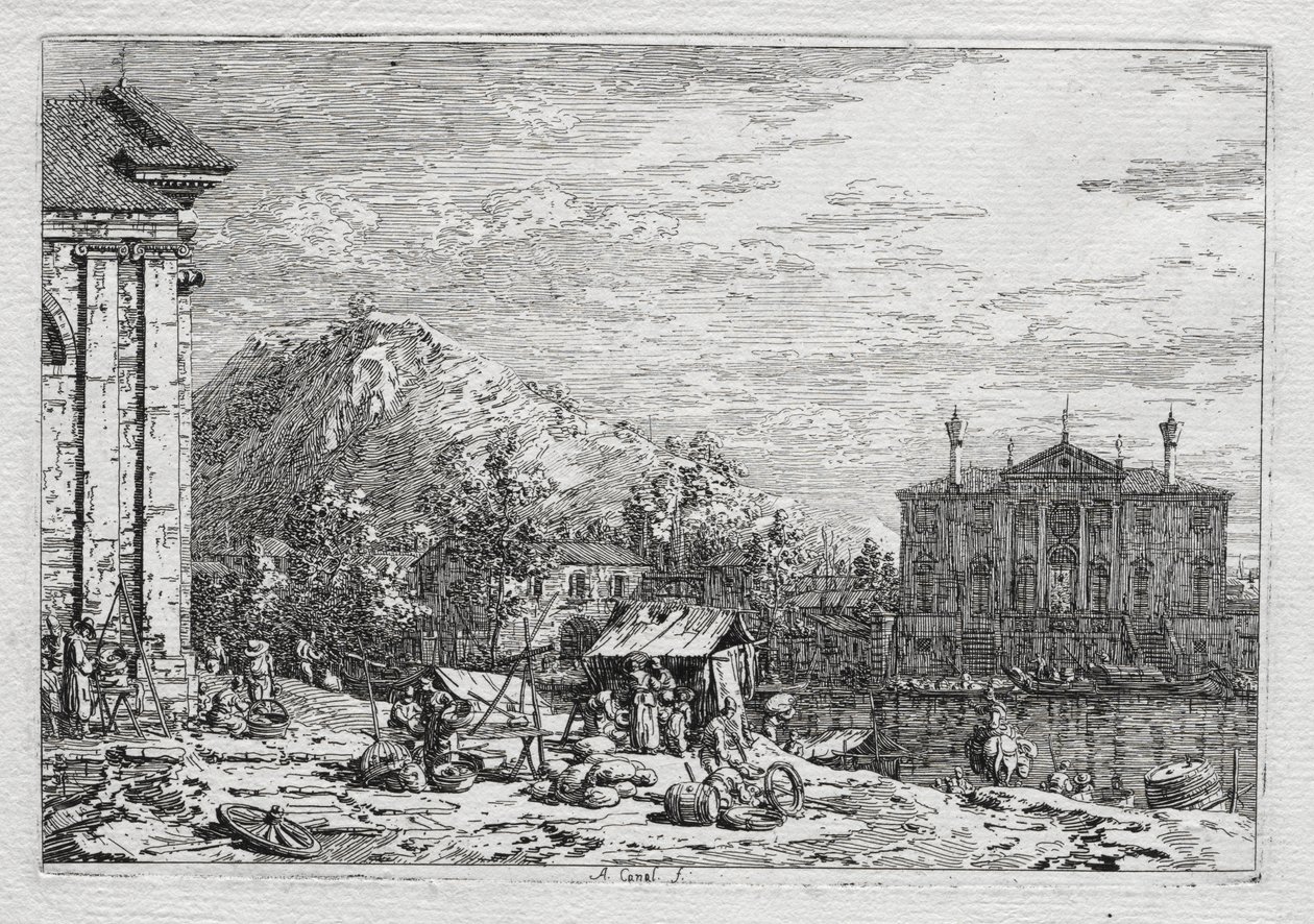 Kilátás Velencére és környékére: Város a folyón túl alkotó: Antonio Canaletto