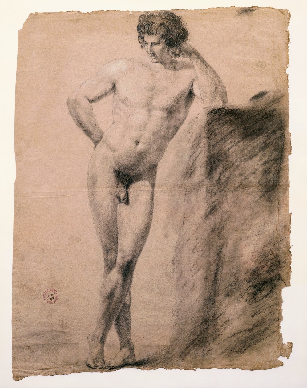 Antonio Canova (1757-1822) tanulmánya a lábazatra támaszkodó férfi aktról, rajz alkotó: Antonio Canova