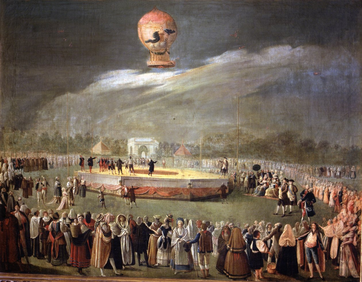 Balloon Ascension in the Gardens of Aranjuez, 1783 körül (olaj, vászon) alkotó: Antonio Carnicero