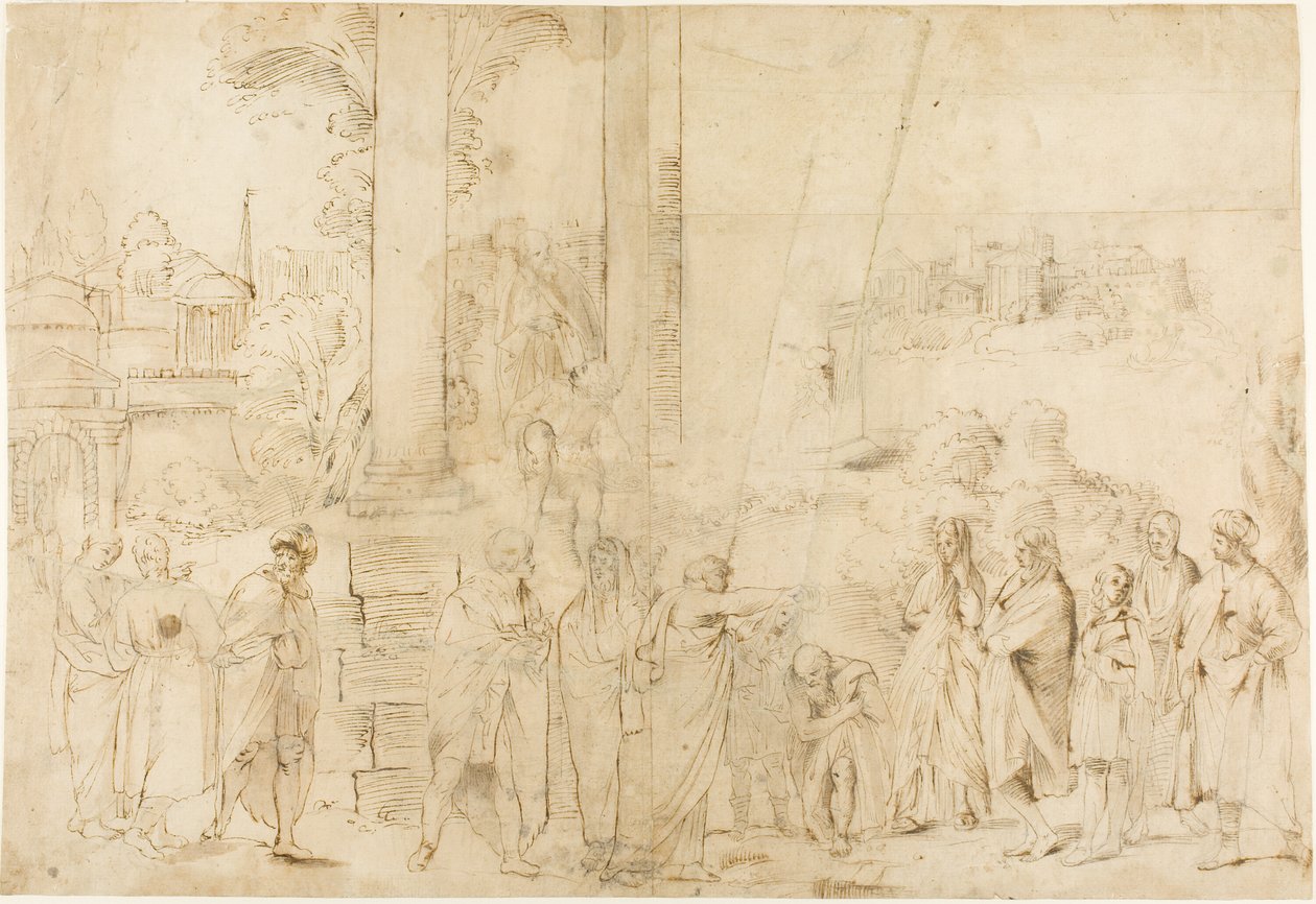 Szent Pál megkeresztelkedett Dionüszosz Areopagit (recto); Vázlatok a babáról, kezekről (fordítva) alkotó: Antonio Carracci