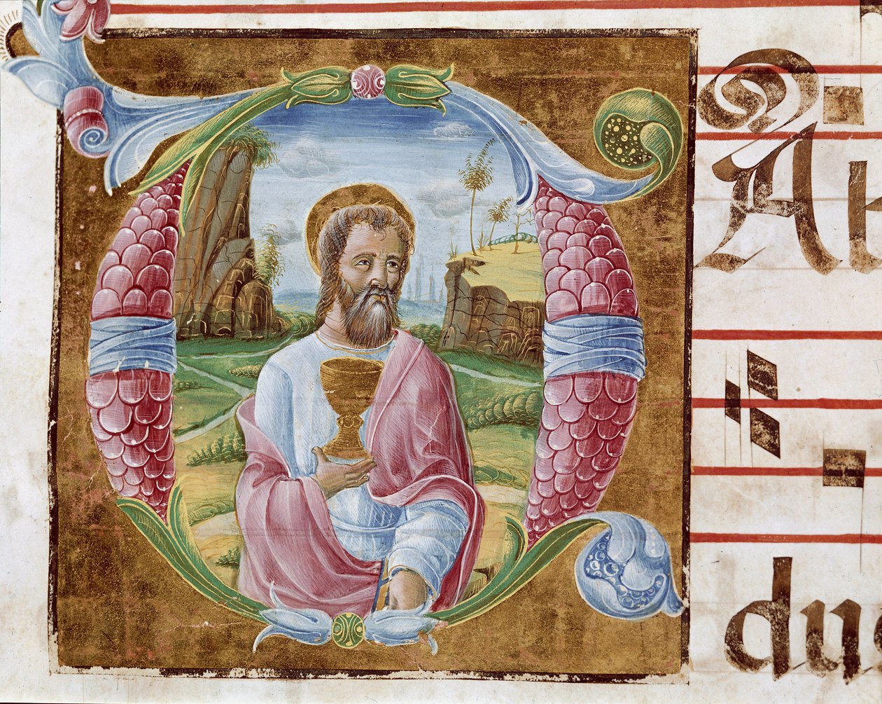 Szent János evangélista Lettrine, Antonio Cicognari által megvilágítva. Részlet egy antifonáriumból. 1483. Cremone, 4. kórus, capitolo del duomo alkotó: Antonio Cicognara