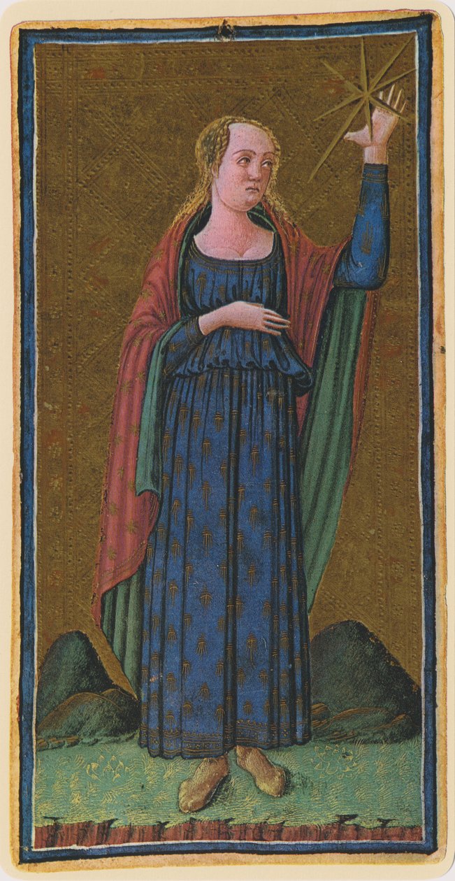 A csillag, egy tarot kártya faksza a „Visconti” pakliból, 1441-47 alkotó: Antonio Cicognara
