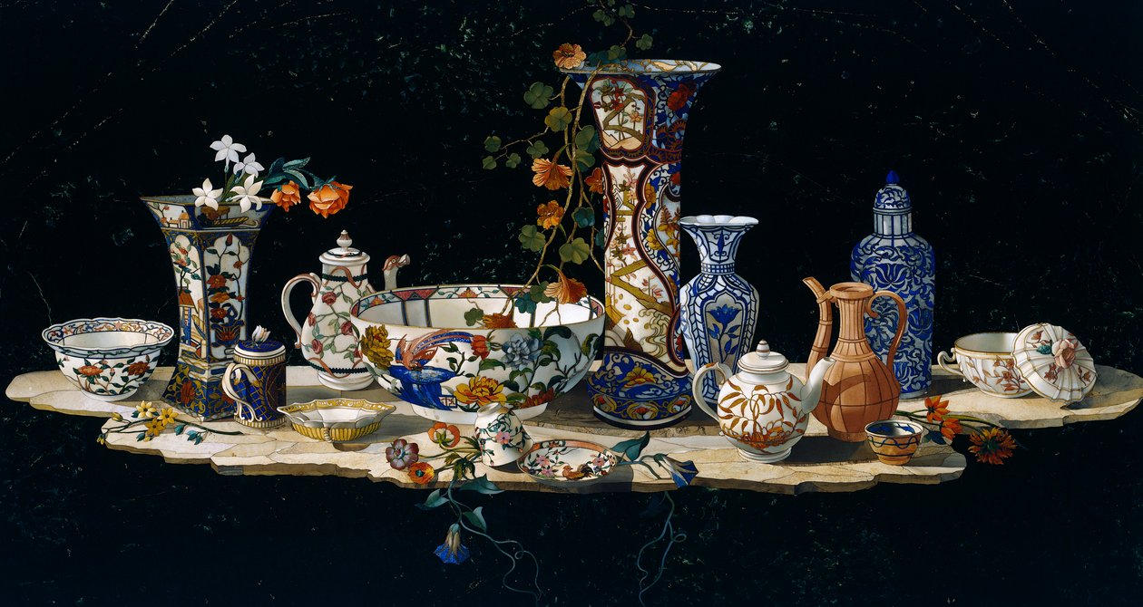 Asztallap porcelánvázákkal, kb 1797, féldrágakő mozaik márványon, a firenzei nagyhercegi műhelyekben készült Antonio Cioci mintájára (aktív a 18. század második felében), Olaszország, olasz kultúra alkotó: Antonio Cioci or Ciocchi