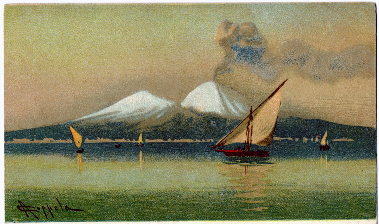 Földrajz. A Vezúv vulkán és a Nápolyi-öböl. Illusztráció: A. Coppola, Olaszország, 1920 körül (képeslap) alkotó: Antonio Coppola