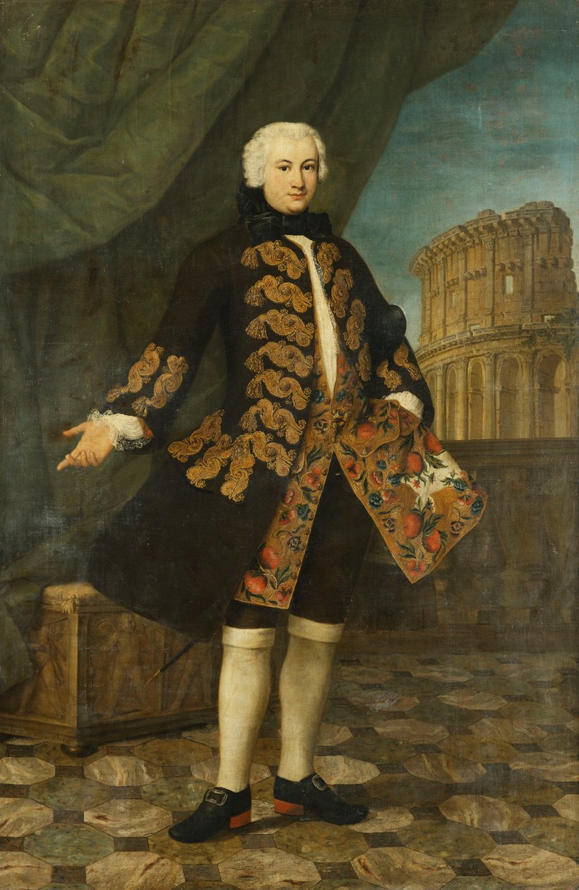 William Perry portréja, 21 éves, álló, teljes alakban, aranyhímzett barna kabátban, korlát mellett, a Colosseummal túl, alkotó: Antonio David