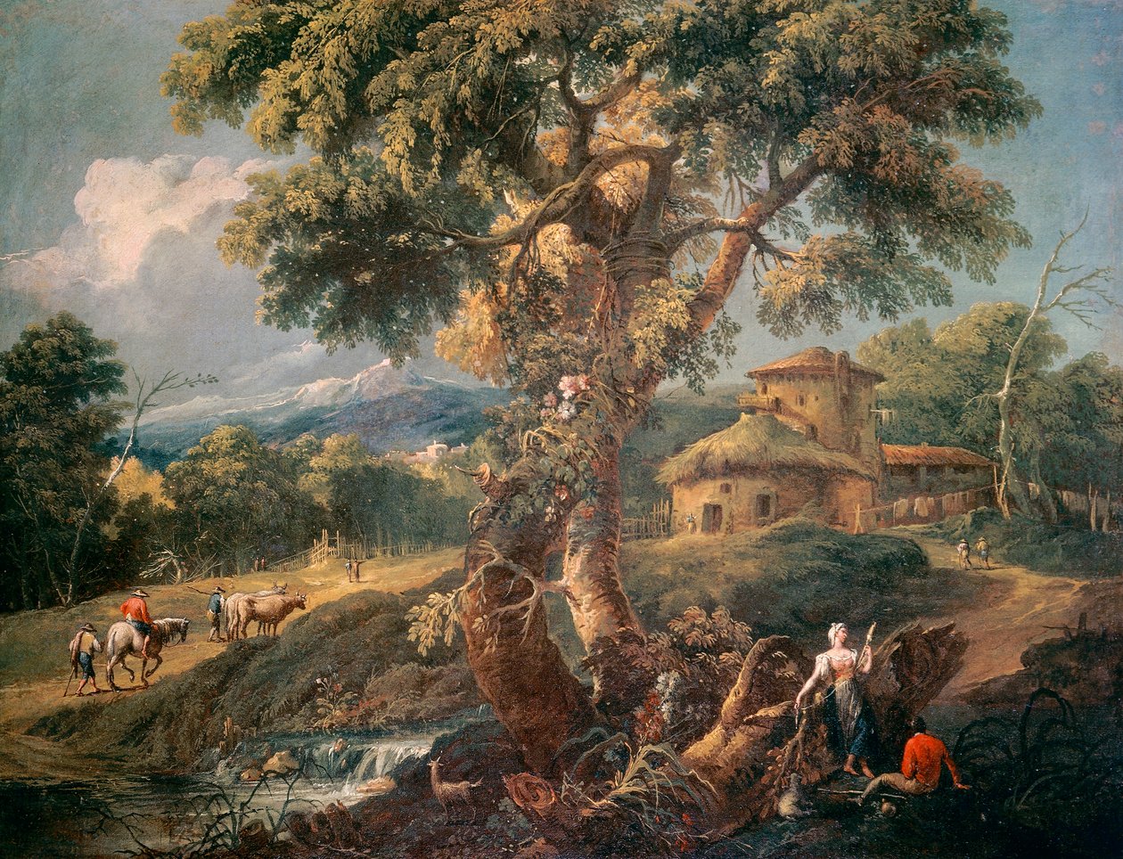 Hegyi táj emberekkel és folyóval, Antonio Diziani (1738-1797), olaj, vászon, 55x72 cm alkotó: Antonio Diziani