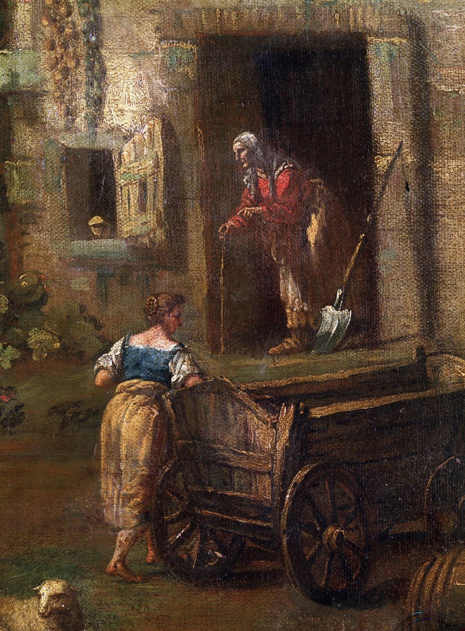 "Olaszország tája" (olasz táj) Egy parasztház az olasz vidéken, egy idős parasztasszonyt ábrázoló részlet. Antonio Diziani (1737-1797) festménye 18. századi Mikalojus Konstantinas Ciurlionis Szépművészeti Múzeum, Kaunas, Litvánia alkotó: Antonio Diziani