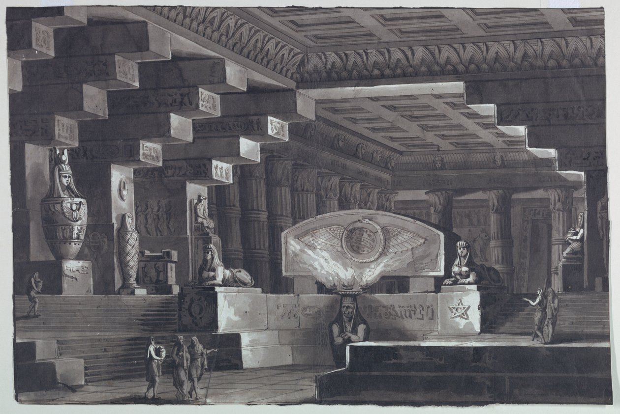 Színpadtervezés, az egyiptomi templom belseje alkotó: Antonio Giuseppe Basoli