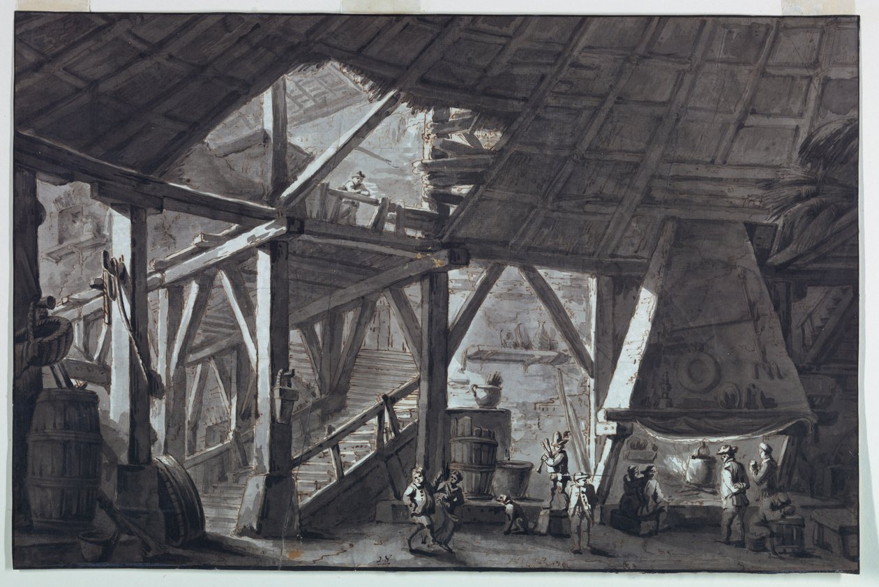 Színpadterv, romos gazdasági épület belső alkotó: Antonio Giuseppe Basoli