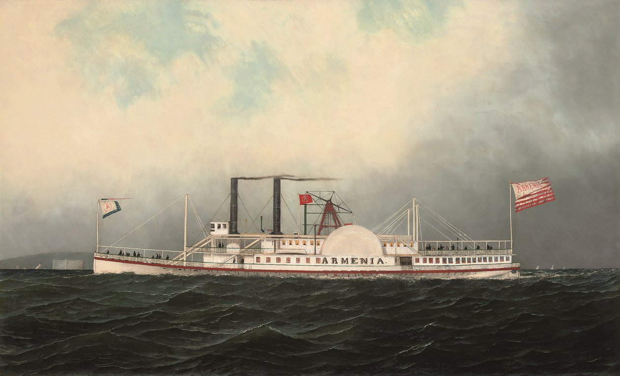 A Hudson River Day Line gőzhajója Örményország Fort Lafayette mellett, New York-i kikötőben (olaj, vászon) alkotó: Antonio Jacobsen