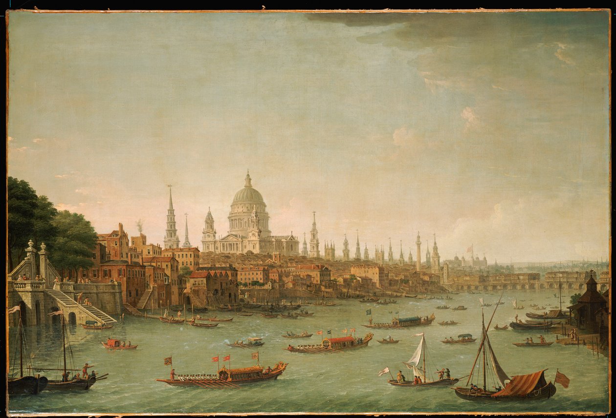 Panorámás kilátás London városára a Temzéről a Somerset House Water Gate közelében alkotó: Antonio Joli