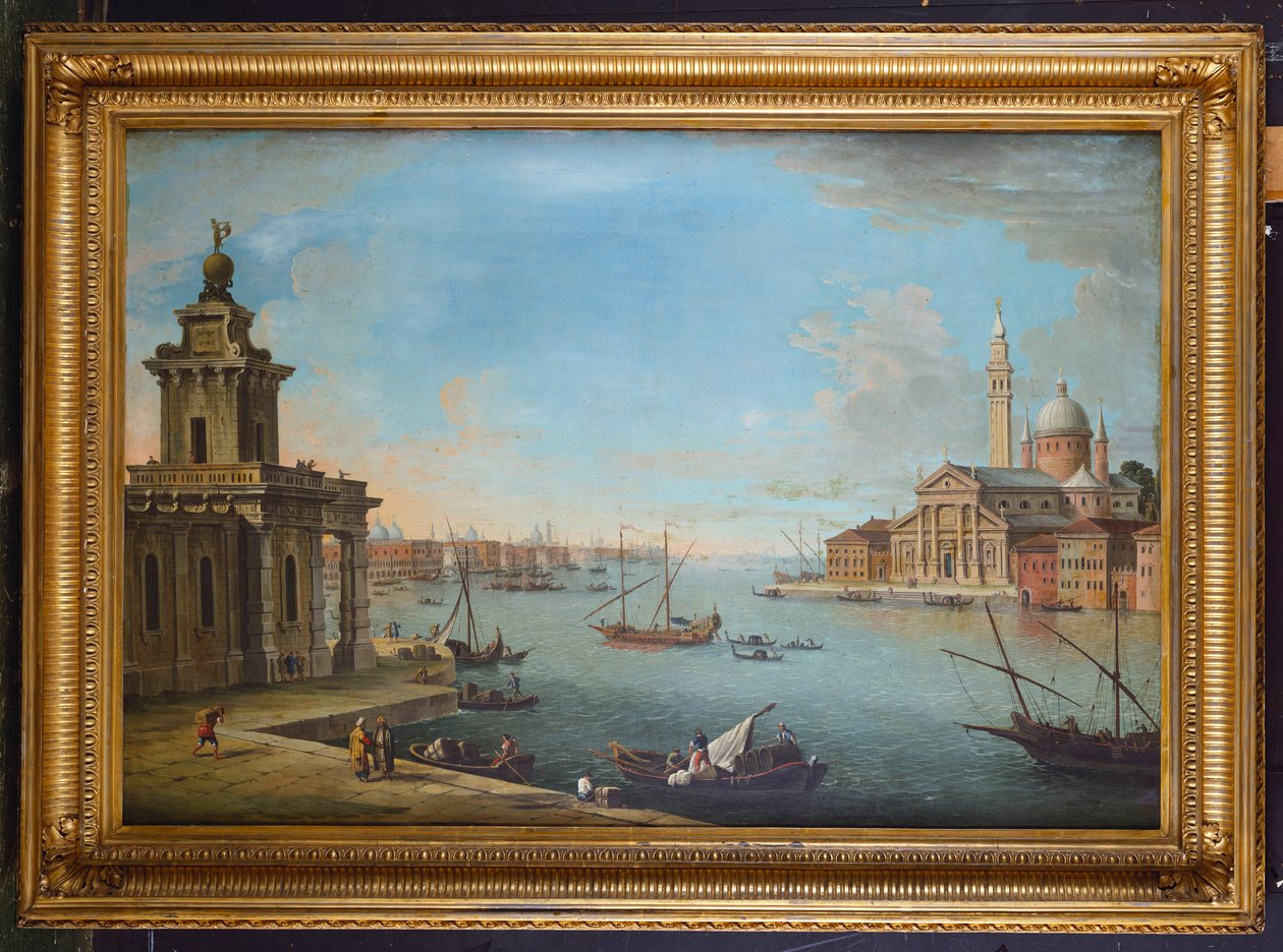 Keletre néző Bacino di San Marco, Velence, a San Giorgio Maggiore templommal és a Doganával alkotó: Antonio Joli
