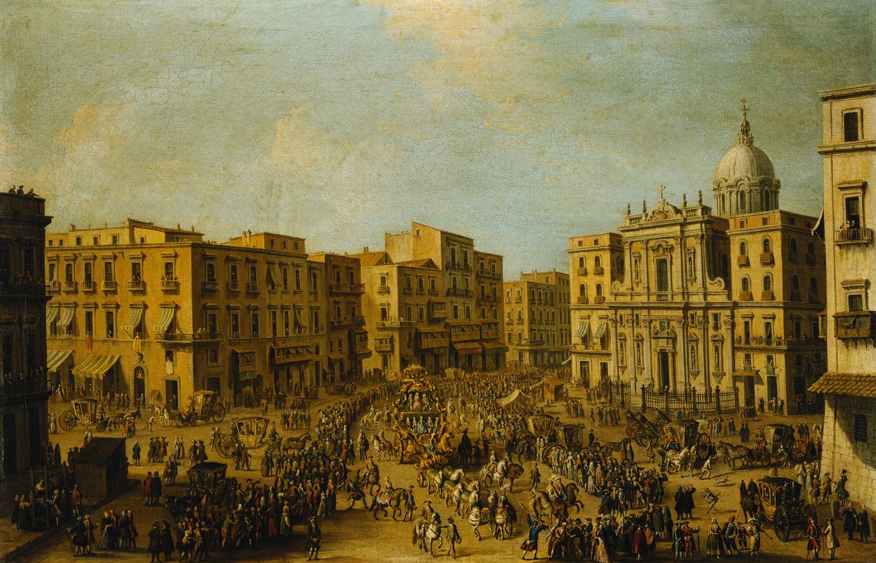 A Largo San Ferdinando, Nápoly, karnevál idején, a királyi kocsival a Palazzo Reale felé közeledik, alkotó: Antonio Joli
