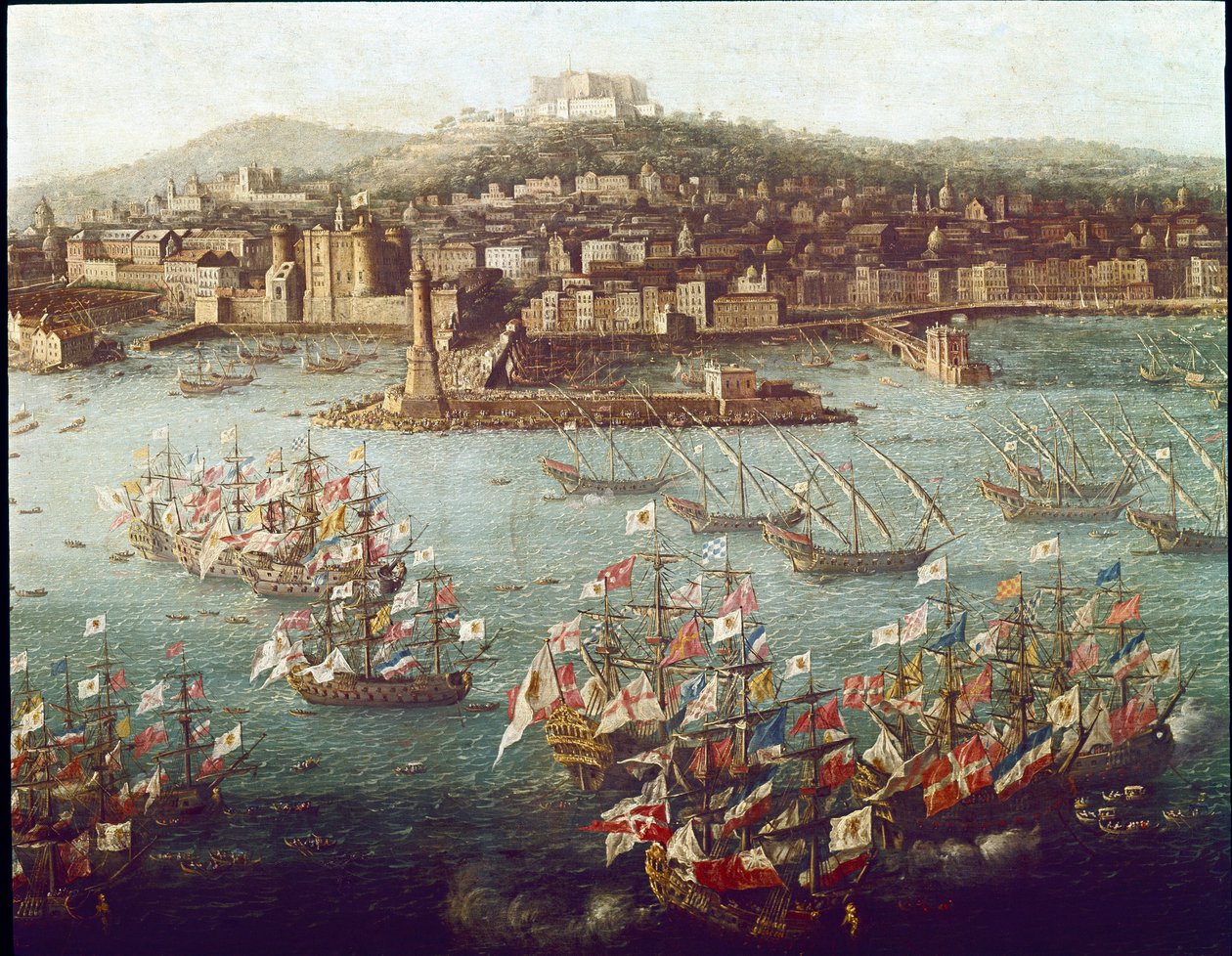 III. Károly behajózása a nápolyi kikötőben Spanyolország felé, 1759.10.06. (Festészet, 1759 körül) alkotó: Antonio Joli