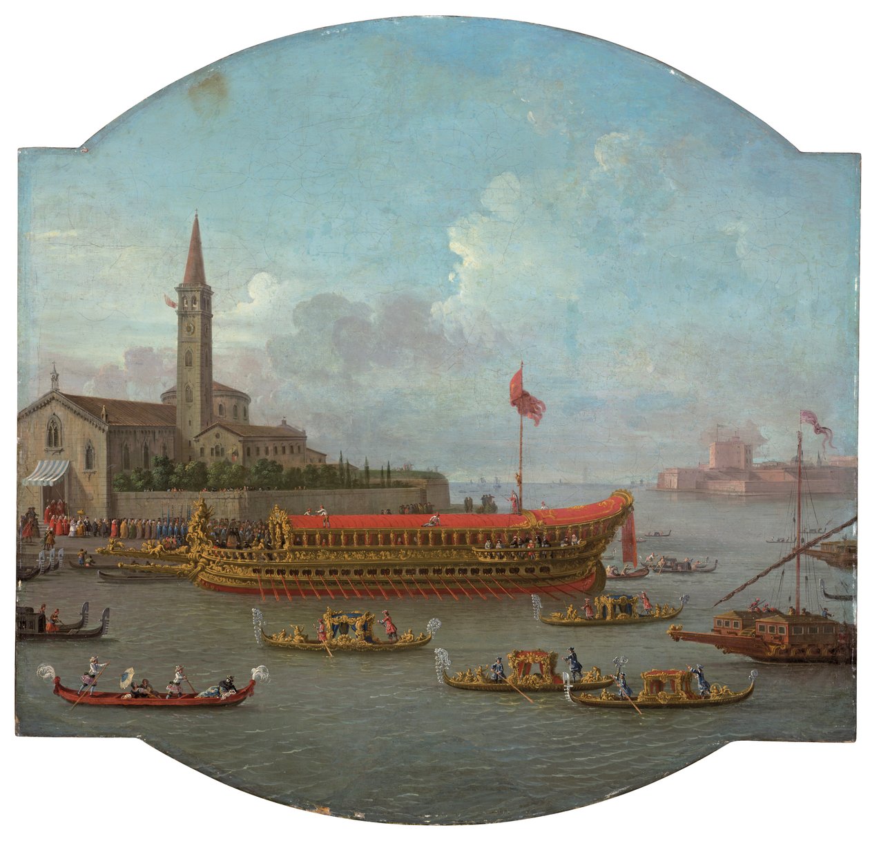 Kilátás a Bucintoróra, amely a velencei San Nicolo al Lido előtt horgonyzott, a Sposalizio del Mare szertartása alkalmából alkotó: Antonio Joli