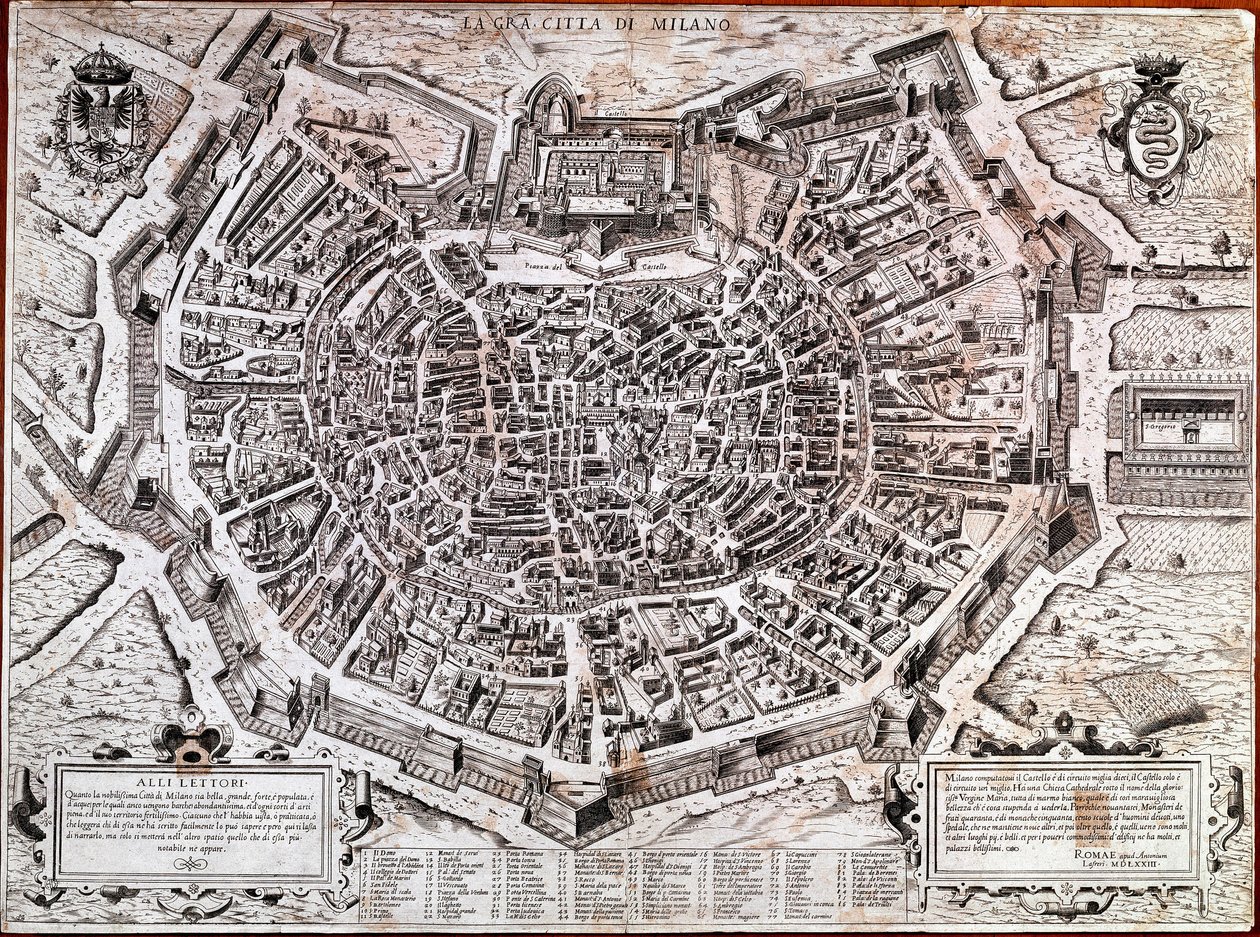 Milánó várostérképe, amelyet Antonio Lafreri (Lafrery vagy Lanfrerius) (1512-1577) szerkesztett 1573-ban. Ez a város legrégebbi térképe. Milánó, Milánói Múzeum - Milánó térképe. A város legrégebbi térképe 1573-ban, Antonio Lafreri szerkesztette. Olaszorszá alkotó: Antonio Lafreri