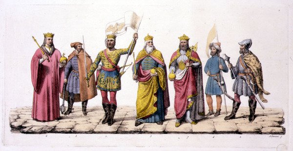 Magyarország vezetői és királyai Jules Ferrario "Le Costume Ancien et Moderne" című könyvéből, az 1820-as és 30-as évek körül (színes litó) alkotó: Antonio Lanzani