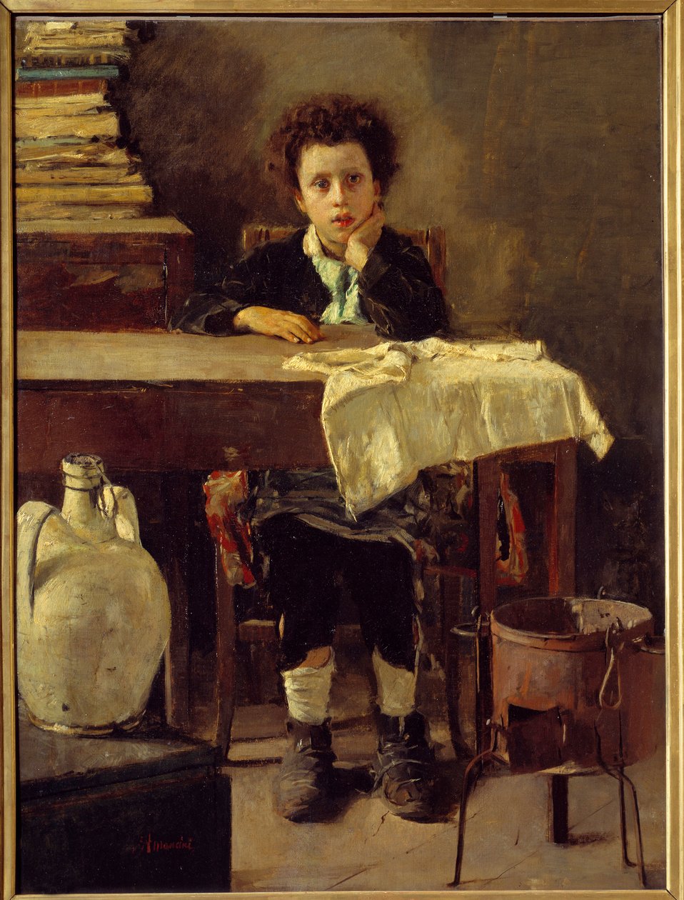 A kisiskolás fiú vagy szegény iskolás fiú Antonio Mancini festménye (1852-1930) 19. század V. 1,3x0,97 m Párizs, Musee d