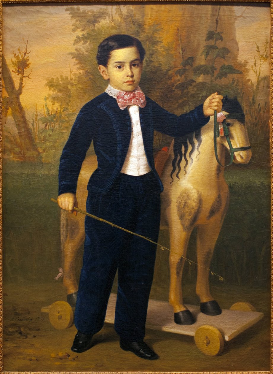 Egy fából készült lóval járó kisfiú portréja. Antonio Maria Esquivel (1806-1857) festménye, Olaj, vászon, 1851. Szépművészeti Múzeum, Sevilla, Spanyolország. alkotó: Antonio María Esquivel y Suárez de Urbina