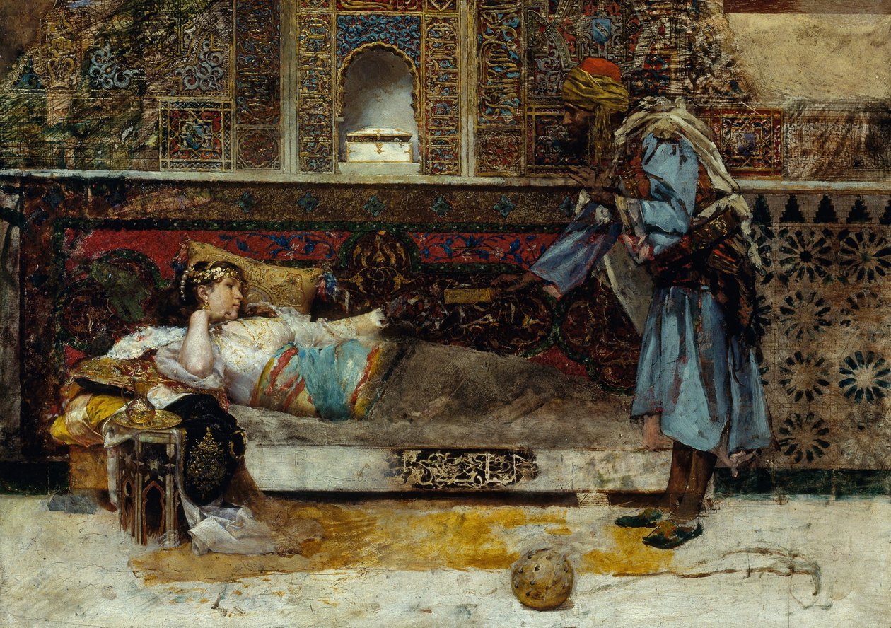 A szultán ajándéka – Antonio Maria Fabres y Costa (1854-1936) festménye, olaj, fa (29x41,5 cm) alkotó: Antonio Maria Fabres y Costa