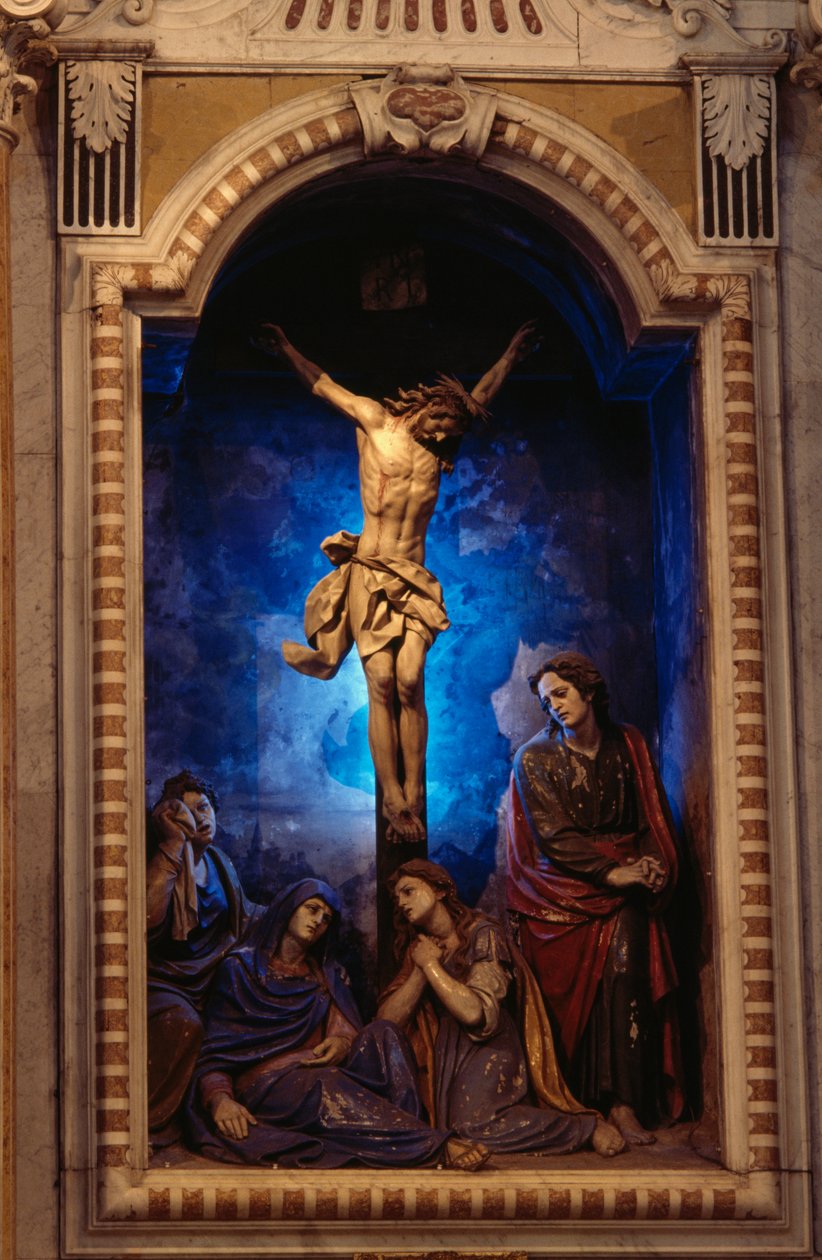 Keresztre feszítés, Anton Maria Maragliano (1664-1739), Feszület kápolna, Acquasantai Szűzanya kegyhely, Acquasanta, Genova, Liguria, Olaszország alkotó: Antonio Maria Maragliano