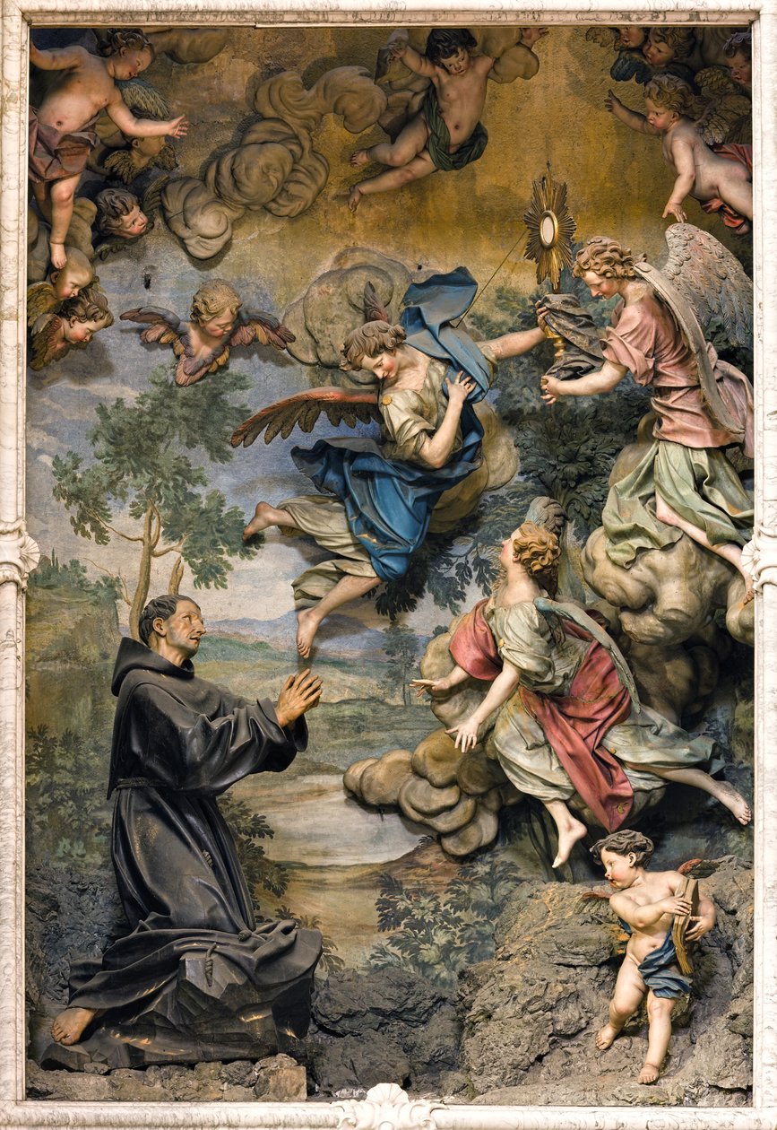 San Pasquale Baylon imádatban (freskó faragott fán) alkotó: Antonio Maria Maragliano