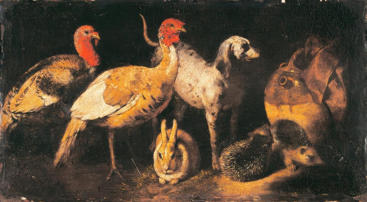 Pulyka tyúkok, kutyák, nyulak és sündisznók alkotó: Antonio Maria Vassallo