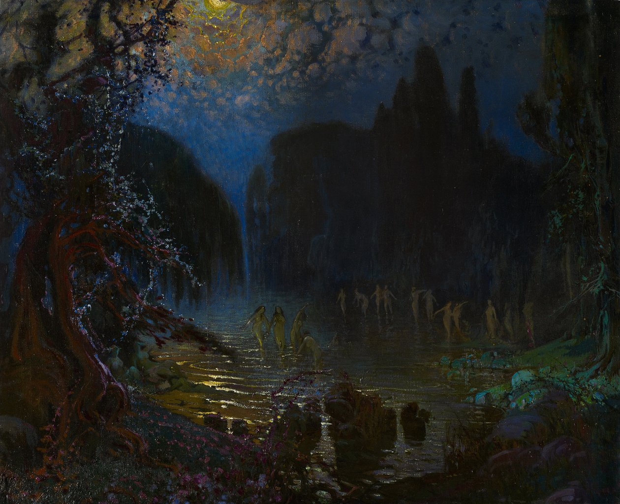 A nimfák fürdőzése - Munoz Degrain, Antonio (1840-1924) - c. 1915 - Olaj, vászon - 76,5x93,5 - Museo Carmen Thyssen, Malaga alkotó: Antonio Munoz Degrain