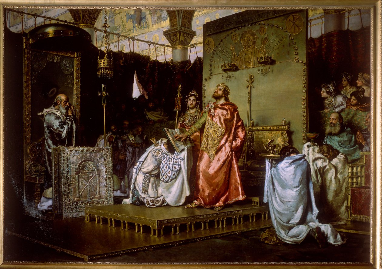 Harmadik toledói zsinat (589) - Recarede I (559-601) átváltása a katolicizmusra - Reccared átváltása katolicizmusra a III. Toledói Zsinatban, 589 - Munoz Degrain, Antonio (1840-1924) festménye alkotó: Antonio Munoz Degrain