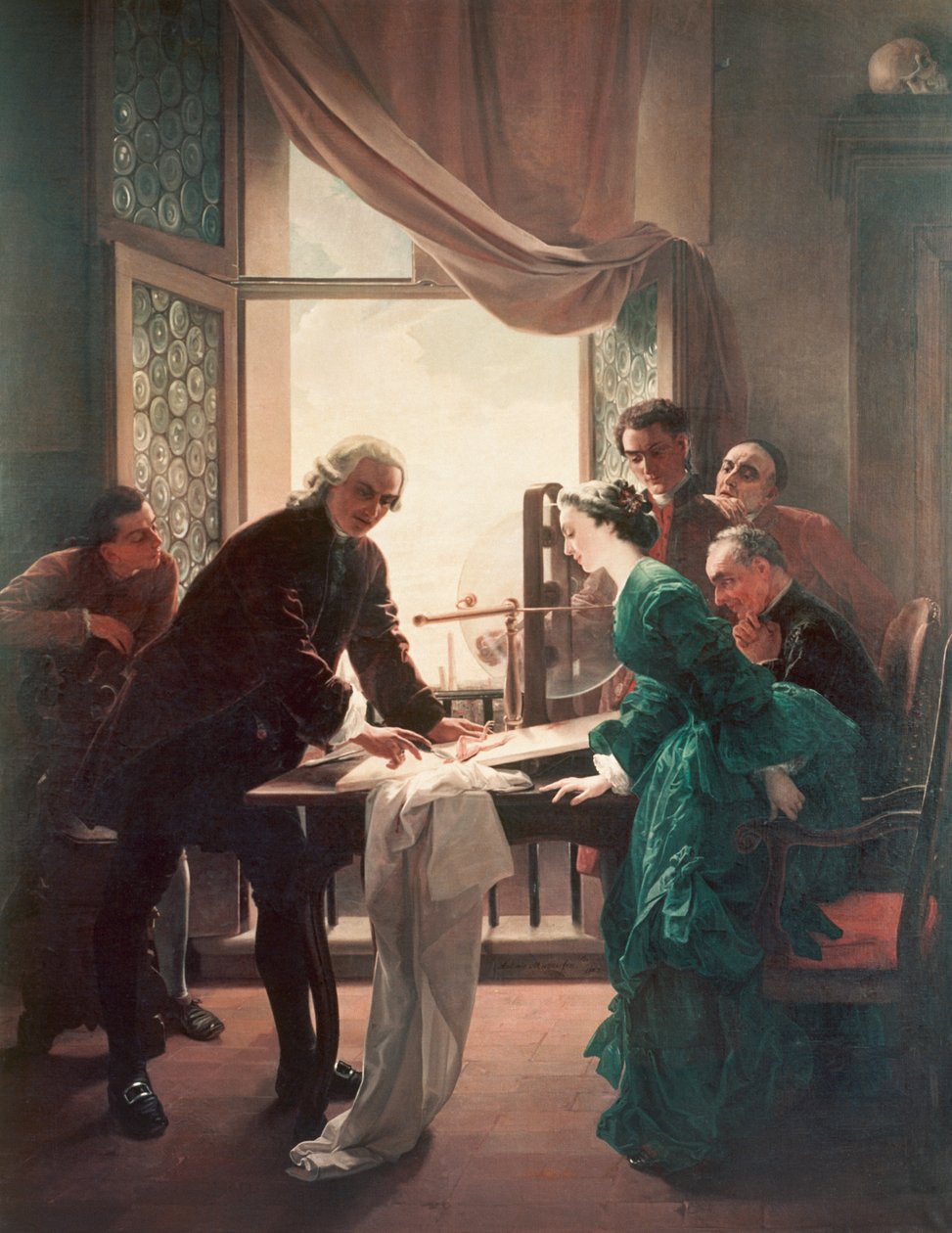 Luigi Galvani (1737-1798) békákkal kísérletezett, felesége, Lucia Galeazzi segítségével alkotó: Antonio Muzzi