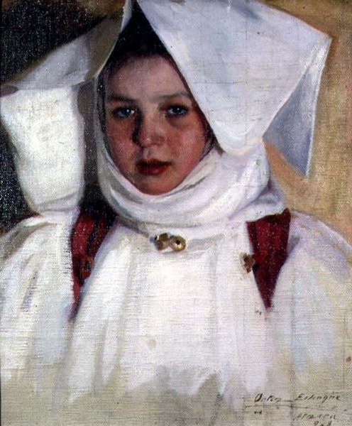 Lány fehér ruhában és sapkában (olaj, vászon) alkotó: Antonio Ortiz Echague