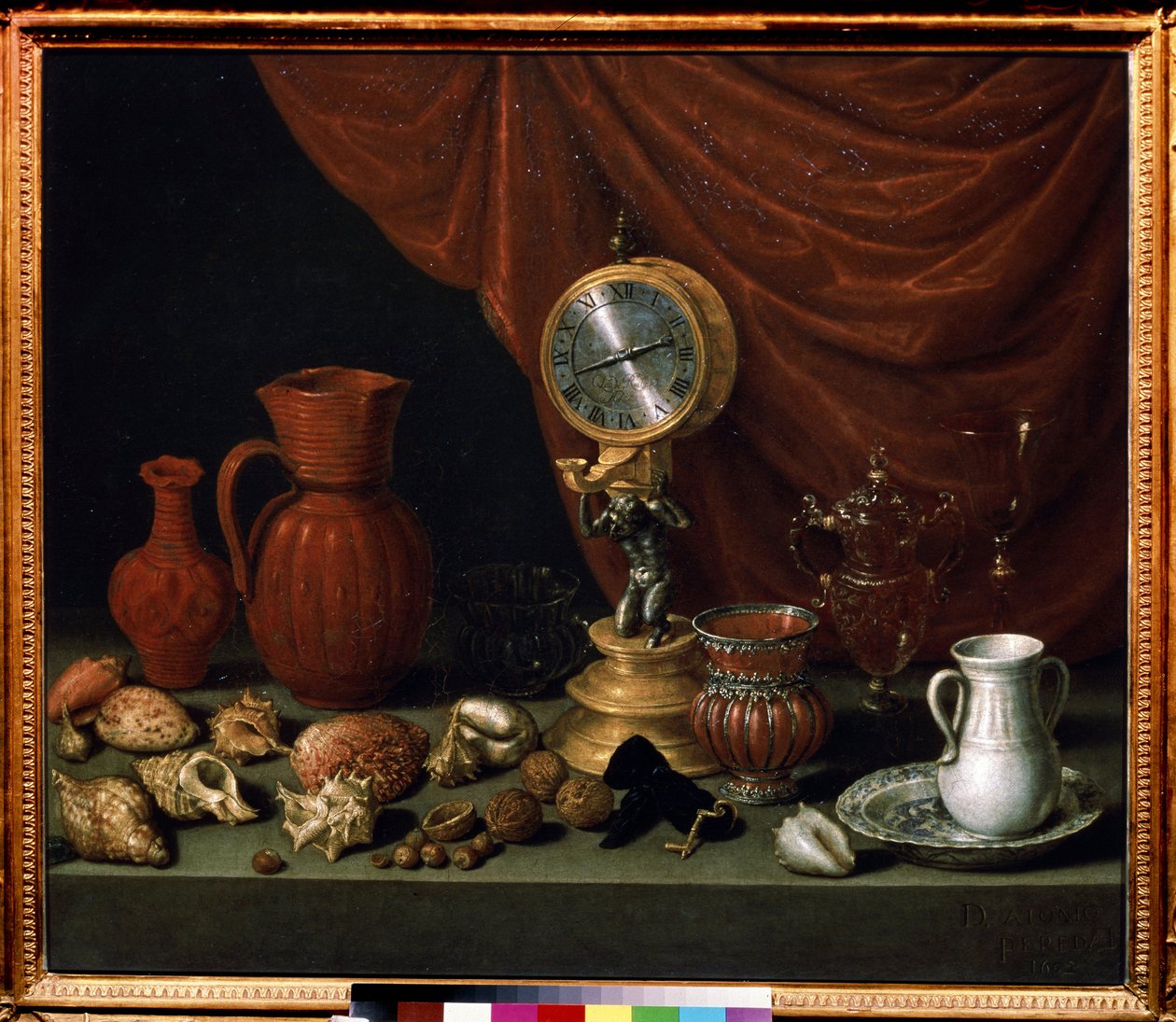 "Csendélet órával" Inga, kancsó, kagyló, dió, kristályüveg. Antonio de Pereda y Salgado (1611-1678) festménye 1652 Puskin Múzeum, Moszkva alkotó: Antonio Pereda y Salgado