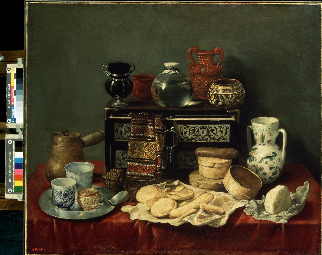 ""Csendélet ébenfa ládával"" (Csendélet ébenfa ládával) Sajtok, edények, kancsó, szalvéta, üvegek, kávédaráló és mézes kanál. Antonio de Pereda y Salgado (1611-1678) festménye 1652 Méret: 80x94 cm Szentpétervári Ermitázs Múzeum alkotó: Antonio Pereda y Salgado