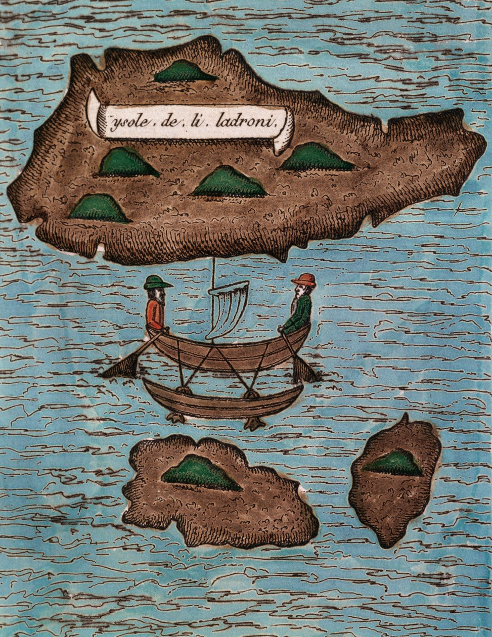 Islas de los Ladrones (ma Mariana-szigetek), színes fametszet a Jelentés az első világ körüli utazásról Ferdinand Magellánnal alkotó: Antonio Pigafetta
