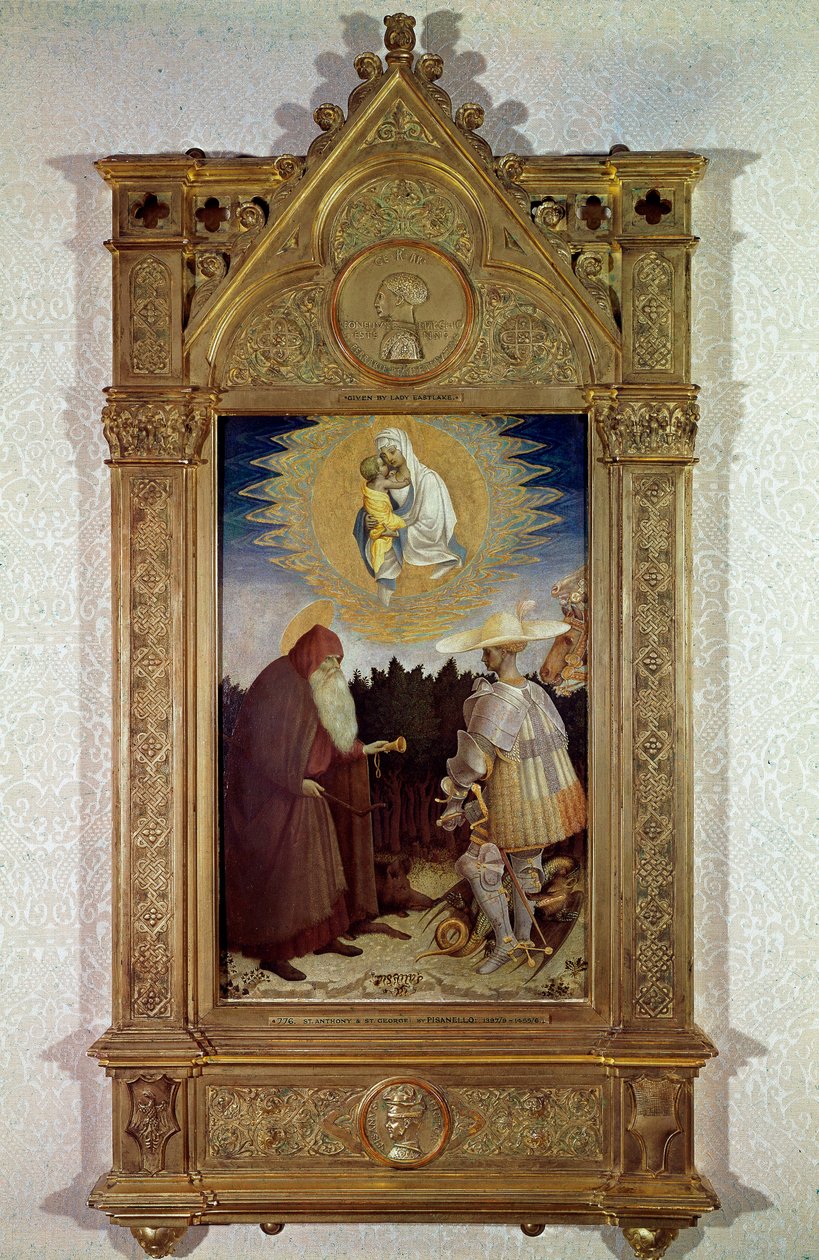 Szűzanya jelenése Szent Antal abbénak (Nagy Szent Antal (250/251-356) (vagy Remete Szent Antal) és Szent Györgynek. Antonio di Puccio Pisano dit Pisanello (1395-1455) festménye alkotó: Antonio Pisanello