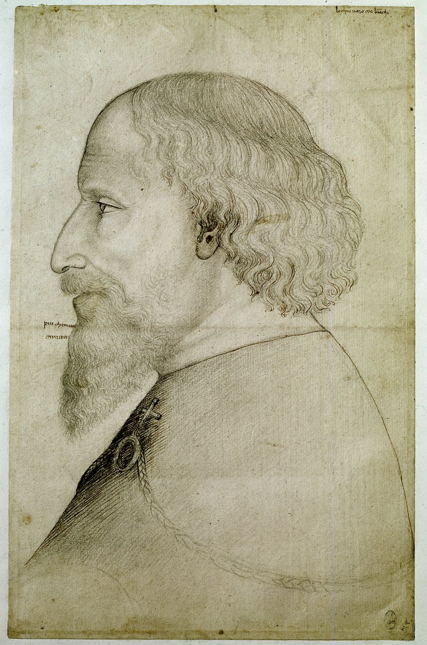 Luxemburgi Zsigmond császár (1368-1437), mellszobra látható, profilban balra. Antonio di Puccio Pisano dit Pisanello rajza (1395-1455 előtt). Fekete kő. Mérete: 41,1x55,9 cm. alkotó: Antonio Pisanello